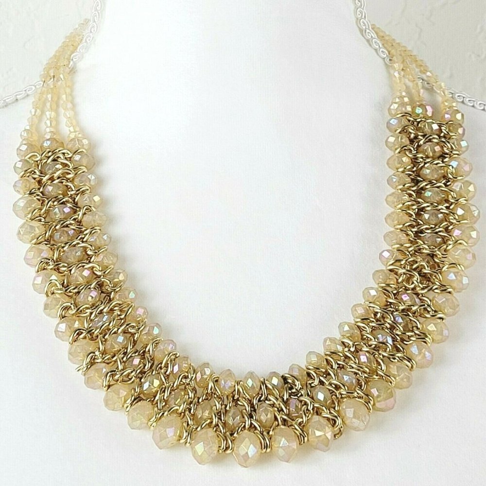 Beaded Statement Necklace Triple Strand Gold Tone Faceted Acrylic Peach Beads